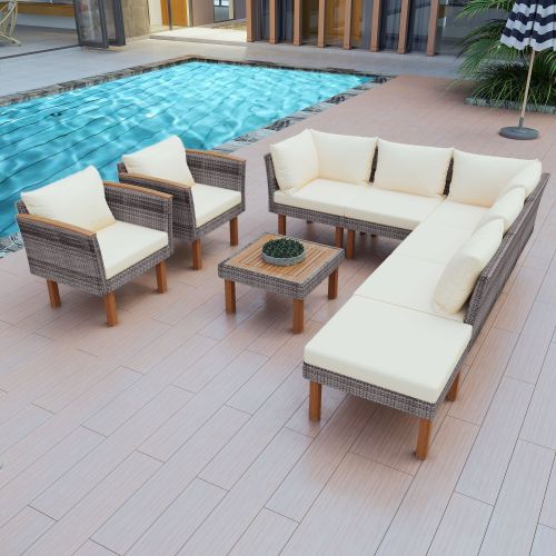 GO 9-Piece Patio Rattan Furniture Set, Outdoor Conversation Set With Acacia Wood Legs and Tabletop, PE Rattan Sectional Sofa Set with Coffee Tabl GO 9-Piece Patio Rattan Furniture Set, Outdoor Conversation Set With Acacia Wood Legs and Tabletop, PE Rattan Sectional Sofa Set with Coffee Tabl