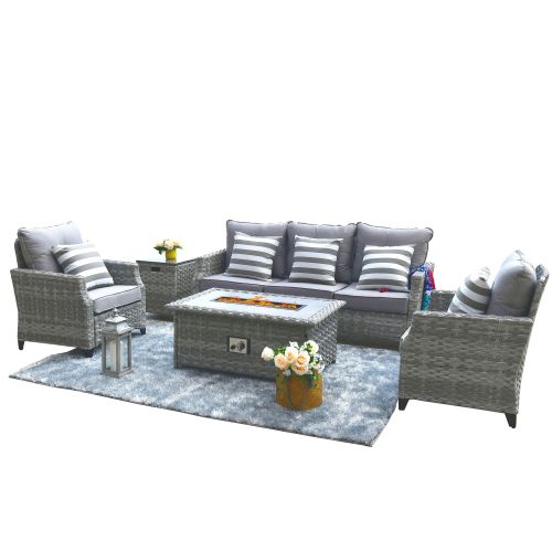 Direct Wicker 5-Piece Wicker Patio Fire Pit Sectional Seating Set with Gray Cushions Direct Wicker 5-Piece Wicker Patio Fire Pit Sectional Seating Set with Gray Cushions